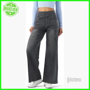 High Rise Wide Leg Jeggings Stretch Pull On Jeans Style Pants Soft Denim